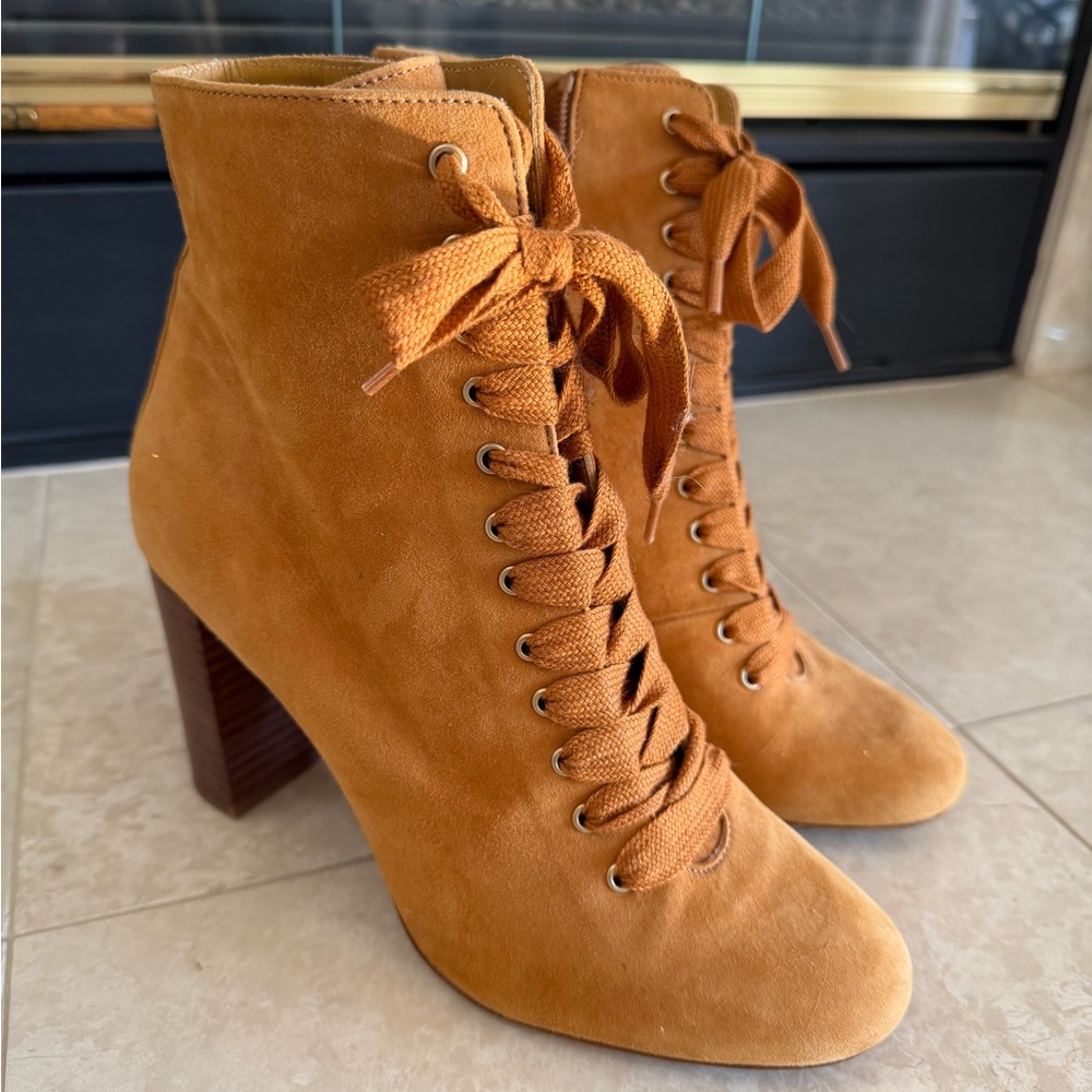 Sezane Alicia Suede Lace-Up Boot High Block Heel Ankle Booties